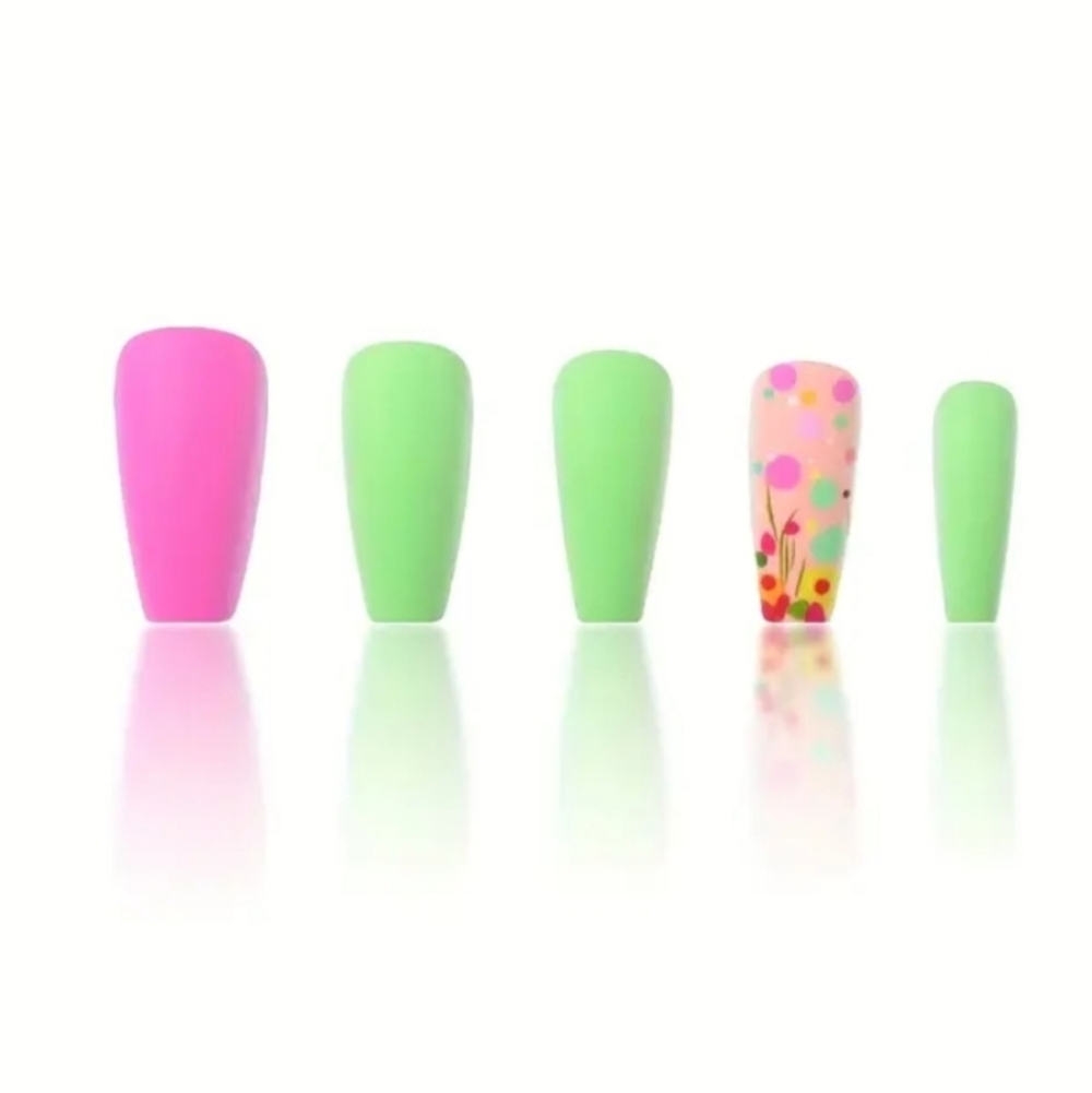 🔥3/$21 Colorful Press On Nails with Green and Pink Accents - Picture 2 of 4